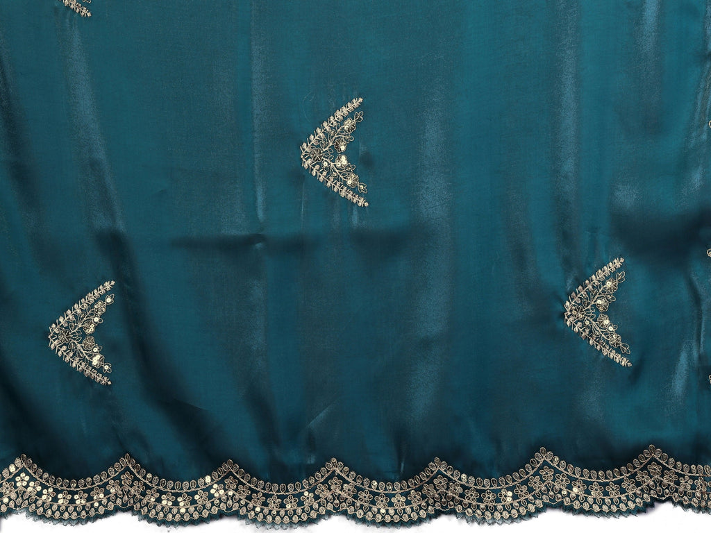 Vastranavya Teal Embroidery Work Shimmer Chiffon Saree with Unstitched Blouse | Grocsy