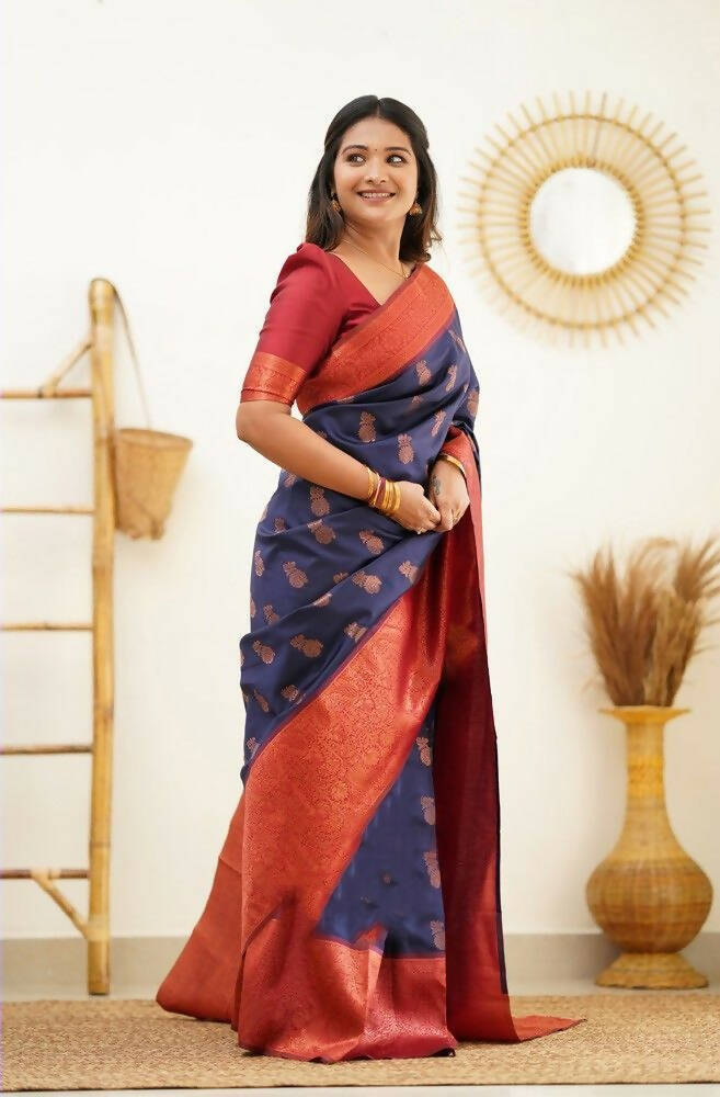 DEIANA'S Beautiful Designer Golden zari Soft Lichi Silk Saree - Blue | Grocsy