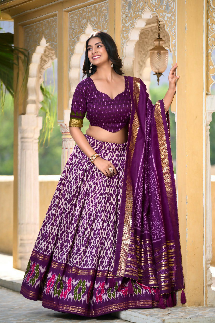 Vastranavya Designer Ikkat Print With Foil Work Lehenga Choli - Purple | Grocsy