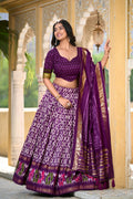 Vastranavya Designer Ikkat Print With Foil Work Lehenga Choli - Purple | Grocsy