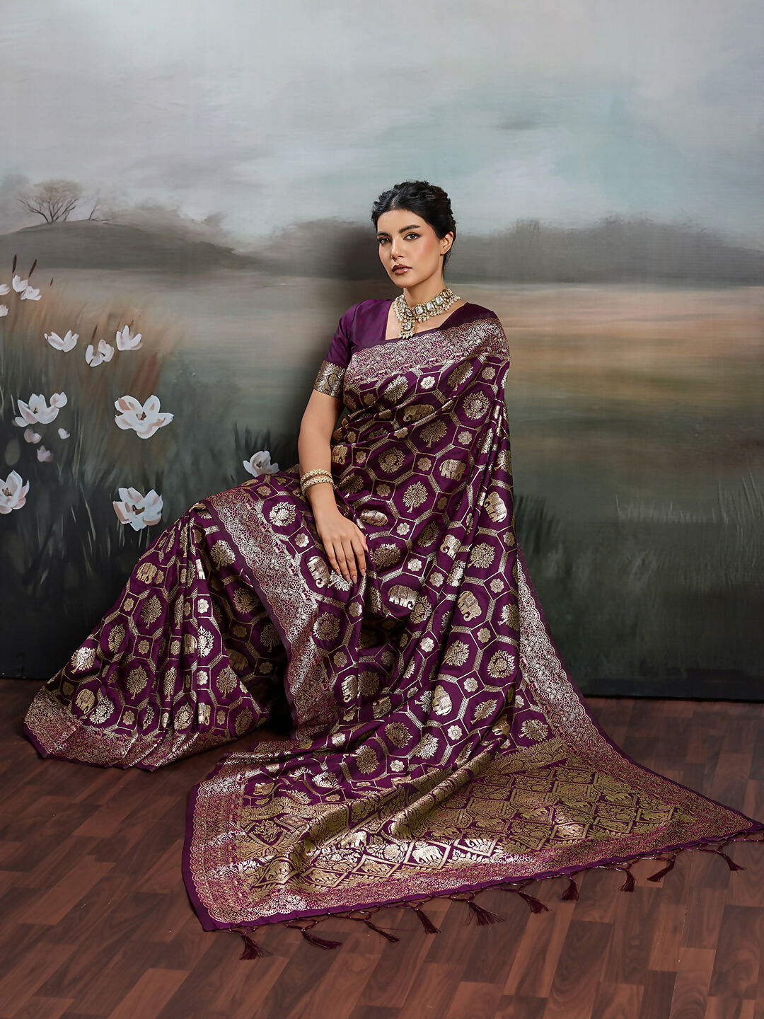 Shree Shyam Fashion Wine Silk Blend Saree | Grocsy