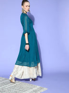 Janasya Women Teal Woven Design Dobby Weave Kurta | Grocsy