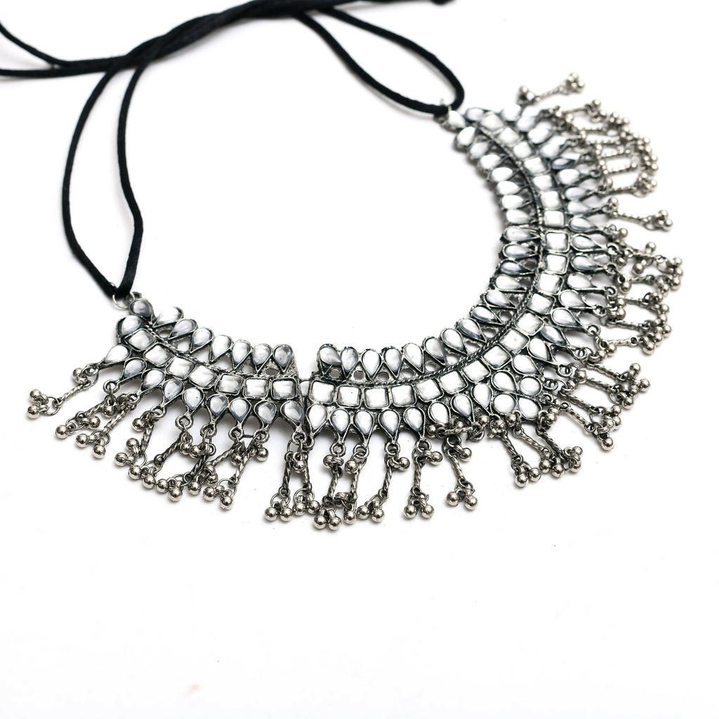 Mominos Fashion Johar Kamal Oxidised Silver-Plated Brass Finish Kundan Necklace For Women (Silver) | Grocsy