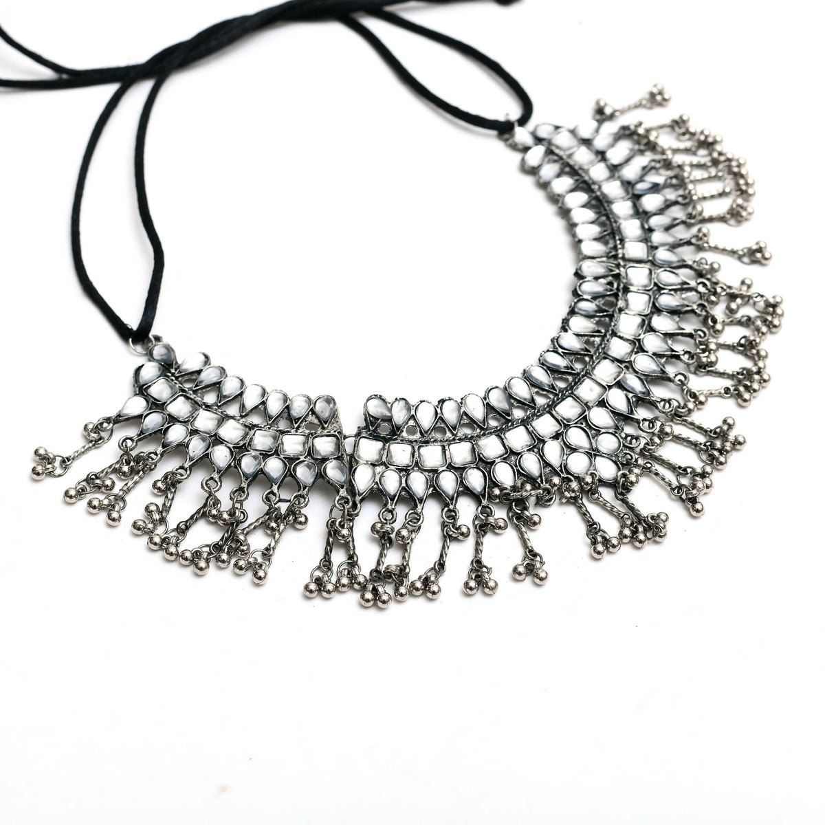 Mominos Fashion Johar Kamal Oxidised Silver-Plated Brass Finish Kundan Necklace For Women (Silver) | Grocsy
