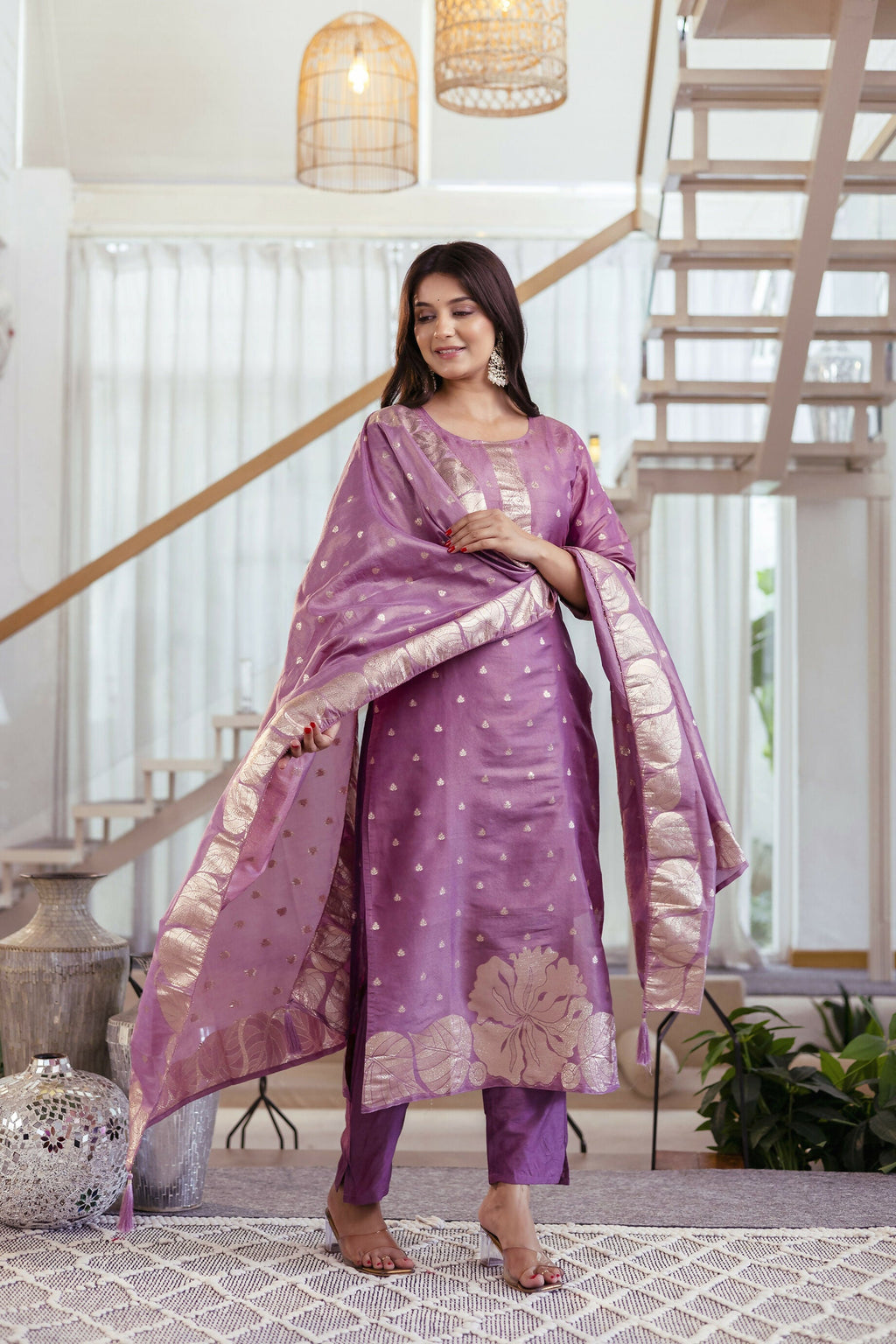 The52 Women's Beautiful Jacquard Butti Work Simmer Jacquard Fabric Straight Kurta Pant and Dupatta Set | Grocsy