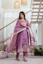 The52 Women's Beautiful Jacquard Butti Work Simmer Jacquard Fabric Straight Kurta Pant and Dupatta Set | Grocsy