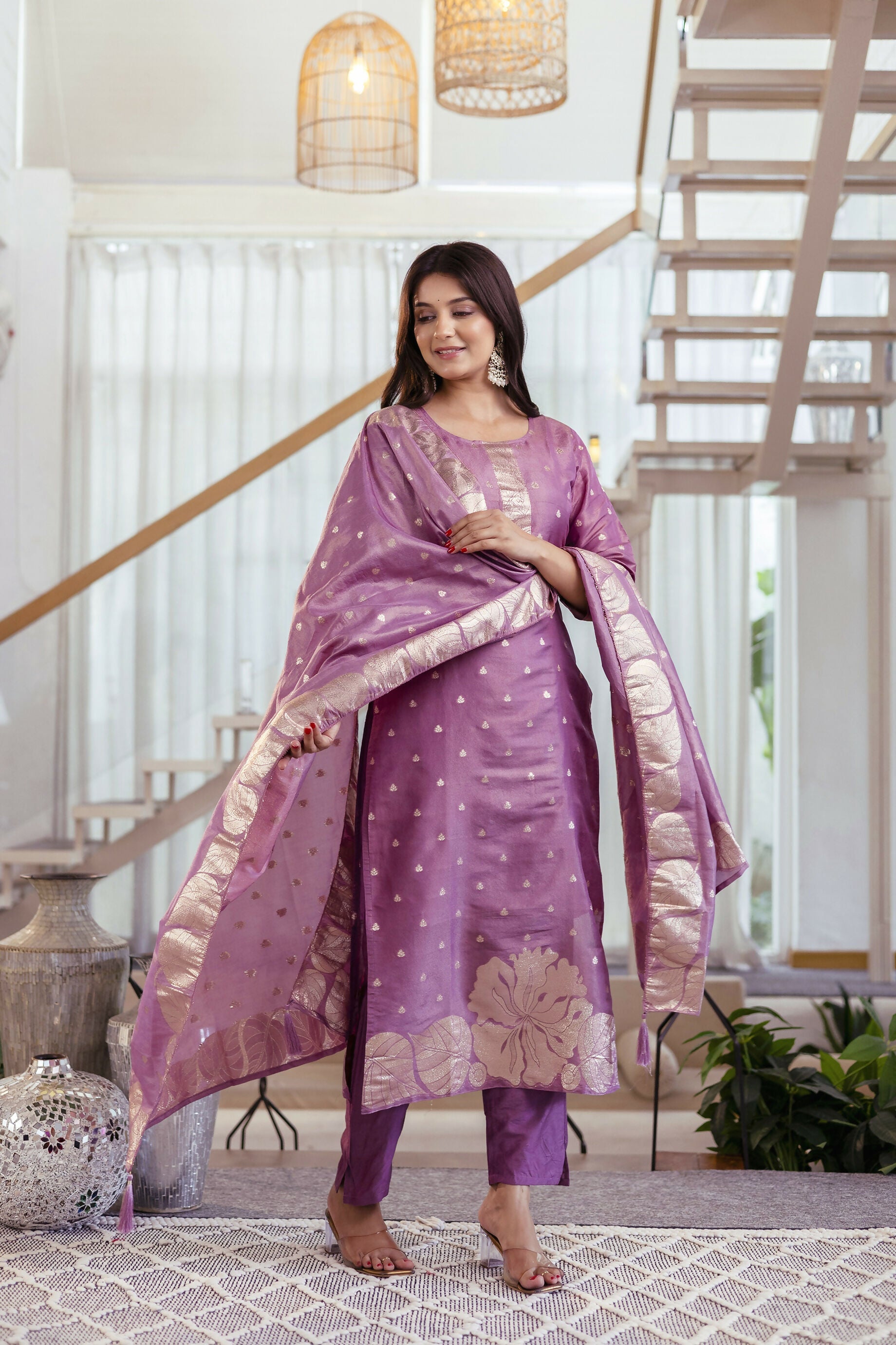 The52 Women's Beautiful Jacquard Butti Work Simmer Jacquard Fabric Straight Kurta Pant and Dupatta Set | Grocsy