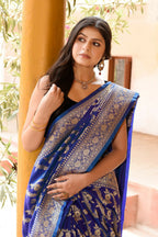 Joban Fashion Ink Blue Banarasi Soft Pure Handloom Banarasi Silk Saree | Grocsy