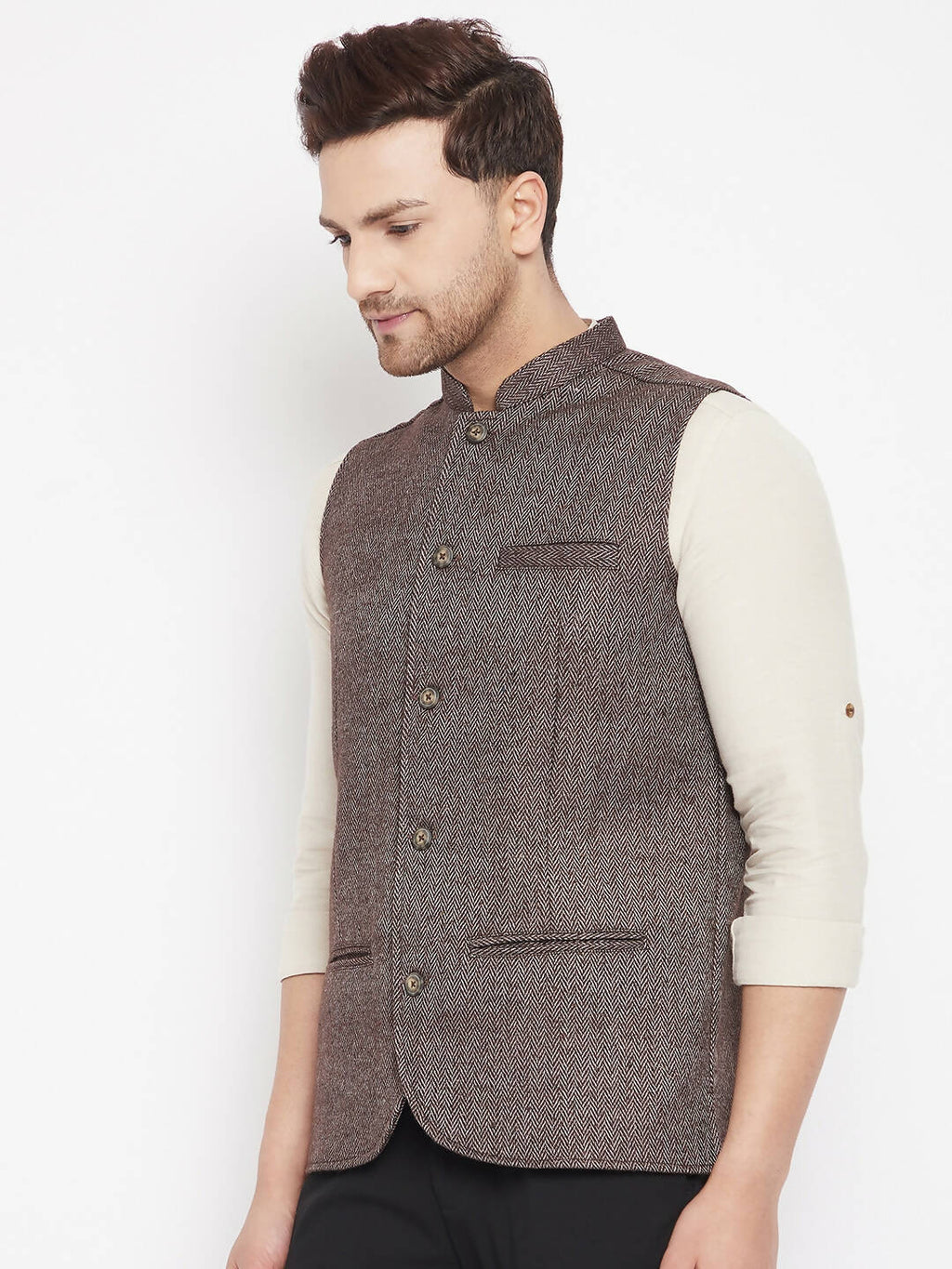 Even Apparels Brown Wool Men Woven Nehru Jacket | Grocsy