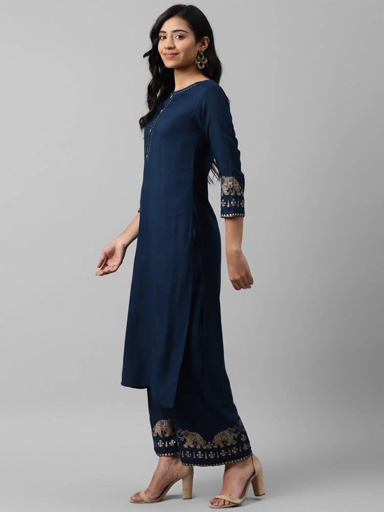 Yufta Women Navy Blue And Golden Pure Cotton Solid Kurta with Palazzo and Dupatta | Grocsy