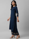 Yufta Women Navy Blue And Golden Pure Cotton Solid Kurta with Palazzo and Dupatta | Grocsy