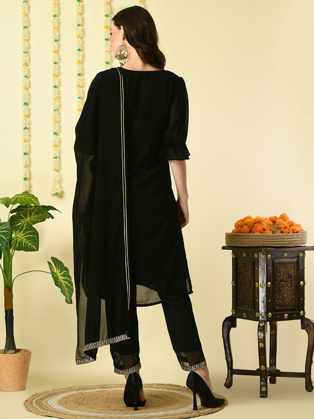 Myshka Women's Black Georgette Kurta & Trousers With Dupatta Party Sets | Grocsy
