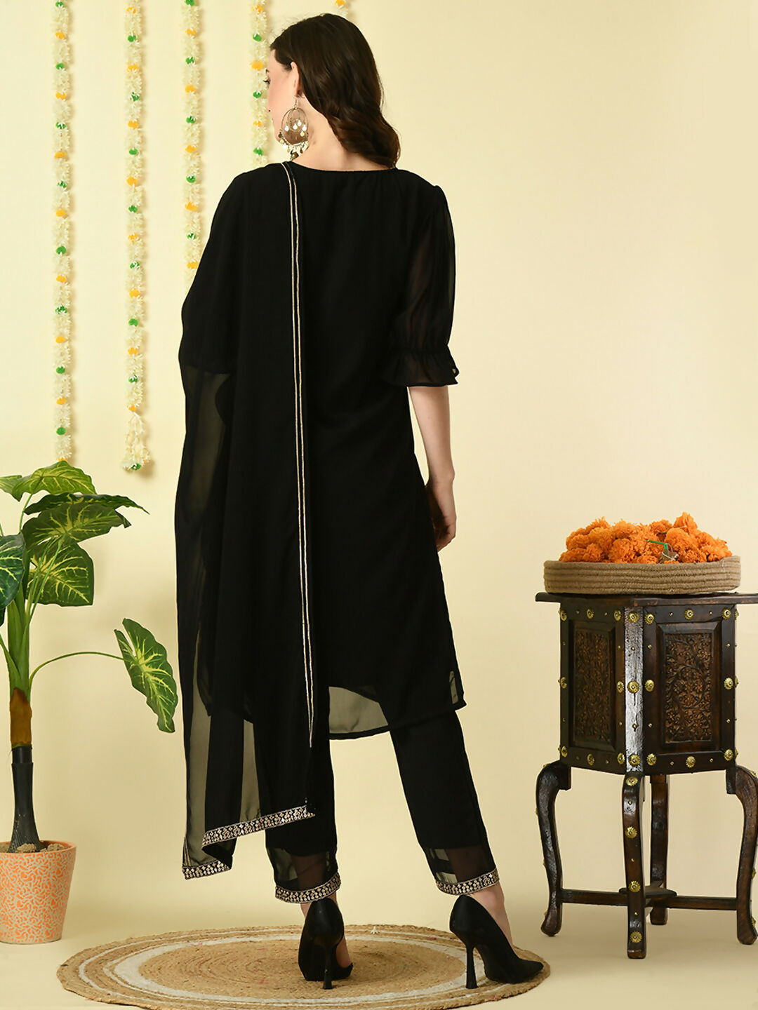 Myshka Women's Black Georgette Kurta & Trousers With Dupatta Party Sets | Grocsy