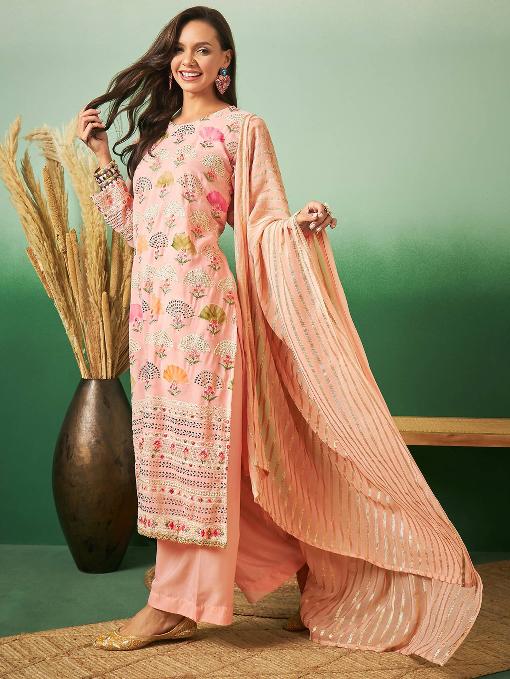 Peach Georgette Handwork Unstitched Dress Material - Hanika | Grocsy