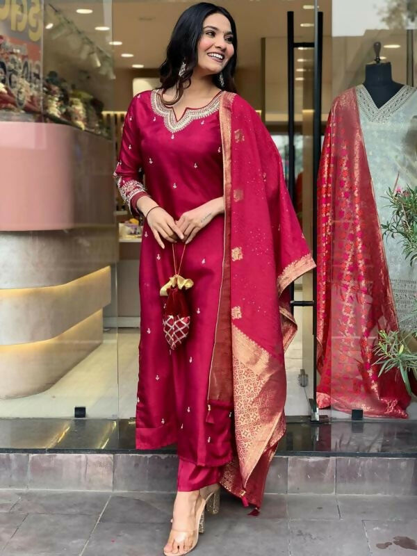 The52 Maroon Beautiful Embroidered Viscose Chanderi Fabric Straight Kurta Pant with Dupatta Set | Grocsy