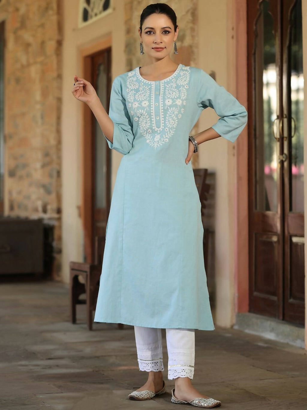 Juniper Women's Blue Cotton Flex Embroidered Straight Kurta | Grocsy