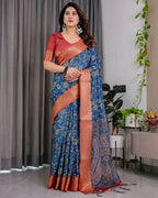 PR Fashion Blue Pure Handloom Linen Saree | Grocsy