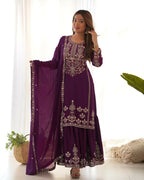 Lehenga Mart Designer Sharara Suit With Kurta, Sharara, Dupatta For Women-Purple | Grocsy