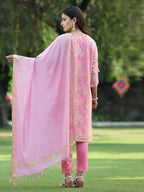 Juniper Pink Ethnic Motif Printed Georgette Kurta Pants & Dupatta Set With Tassels & Lace | Grocsy