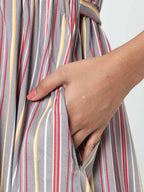 Manet Three Fourth Maternity Dress Striped With Concealed Zipper Nursing Access - Grey | Grocsy