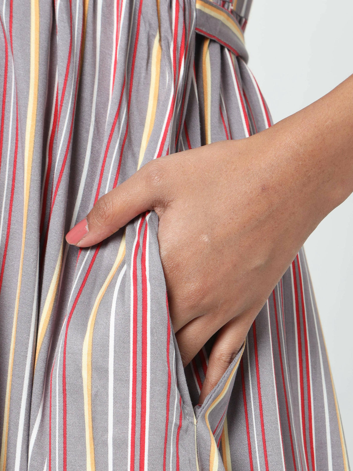 Manet Three Fourth Maternity Dress Striped With Concealed Zipper Nursing Access - Grey | Grocsy