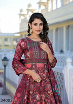 Partywear Designer Maroon Dola Silk Anarkali suit with Dupatta - Suzen | Grocsy
