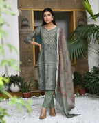 Vaasva Women's Chanderi Printed Suit Set With Pant And Printed Dupatta | Grocsy