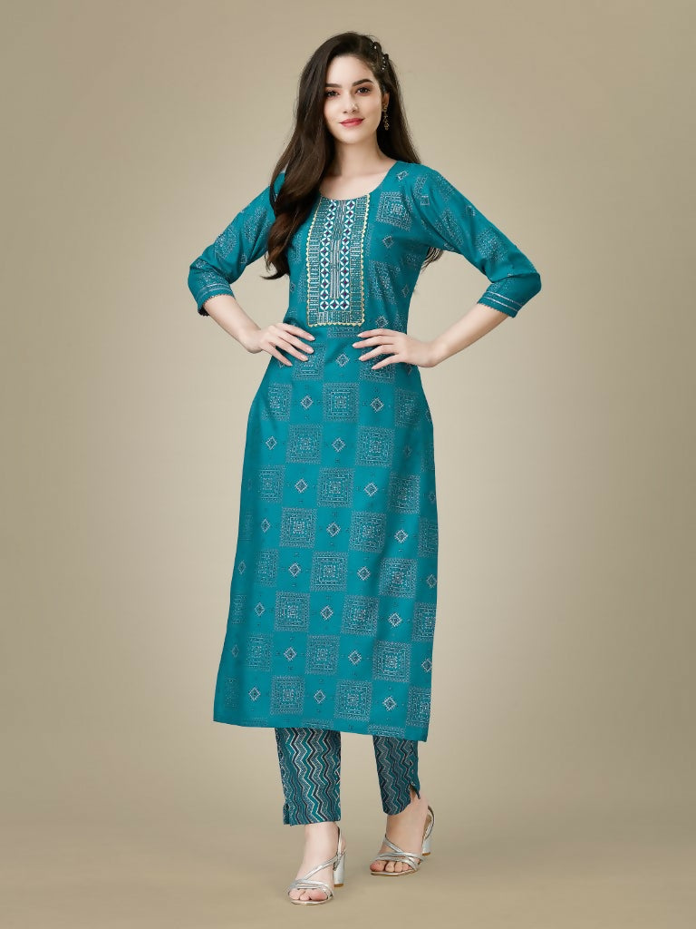 Jyoti Fashion Women's Rama Rayon Embroidered Kurta Pant Set | Grocsy