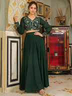 Janasya Dark Green Georgette Embroidered Top & Skirt | Grocsy