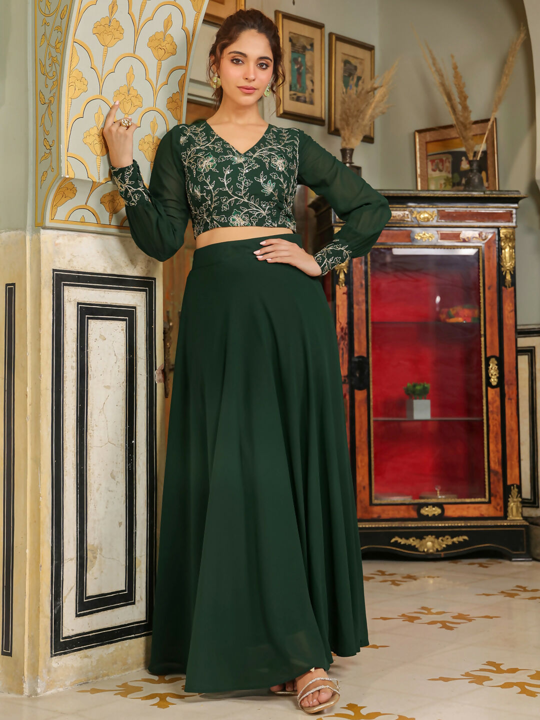 Janasya Dark Green Georgette Embroidered Top & Skirt | Grocsy