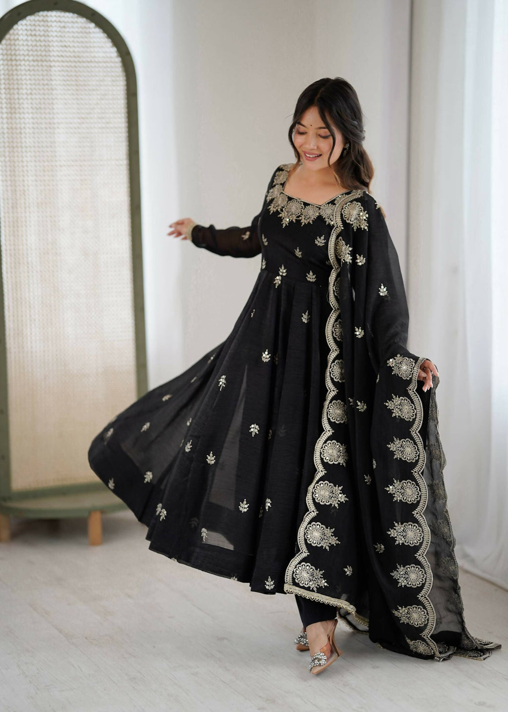 Teeya Creation Black Color Crunchy Silk Embroidery Work Wedding Wear Gown | Grocsy