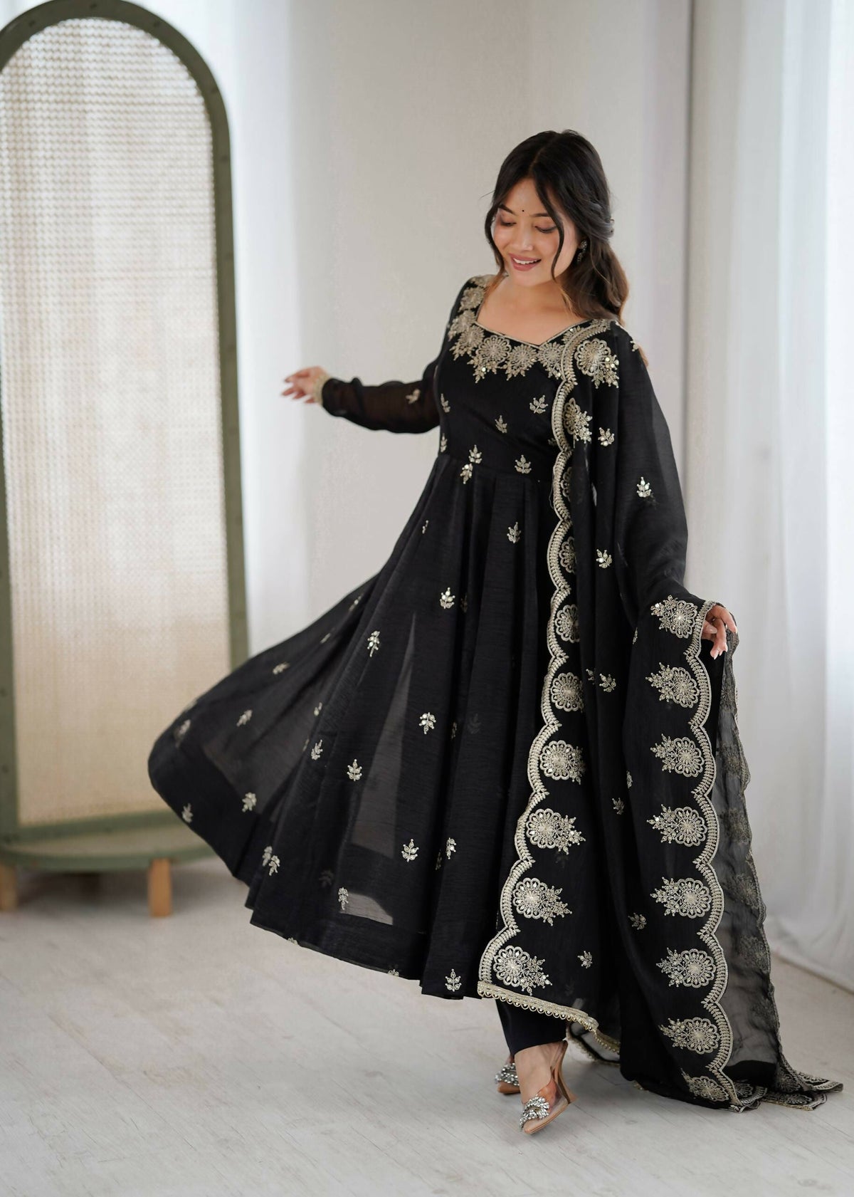 Teeya Creation Black Color Crunchy Silk Embroidery Work Wedding Wear Gown | Grocsy