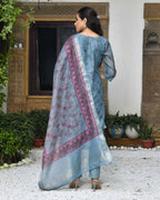 Vaasva Women's Chanderi Printed Suit Set With Pant And Printed Dupatta | Grocsy