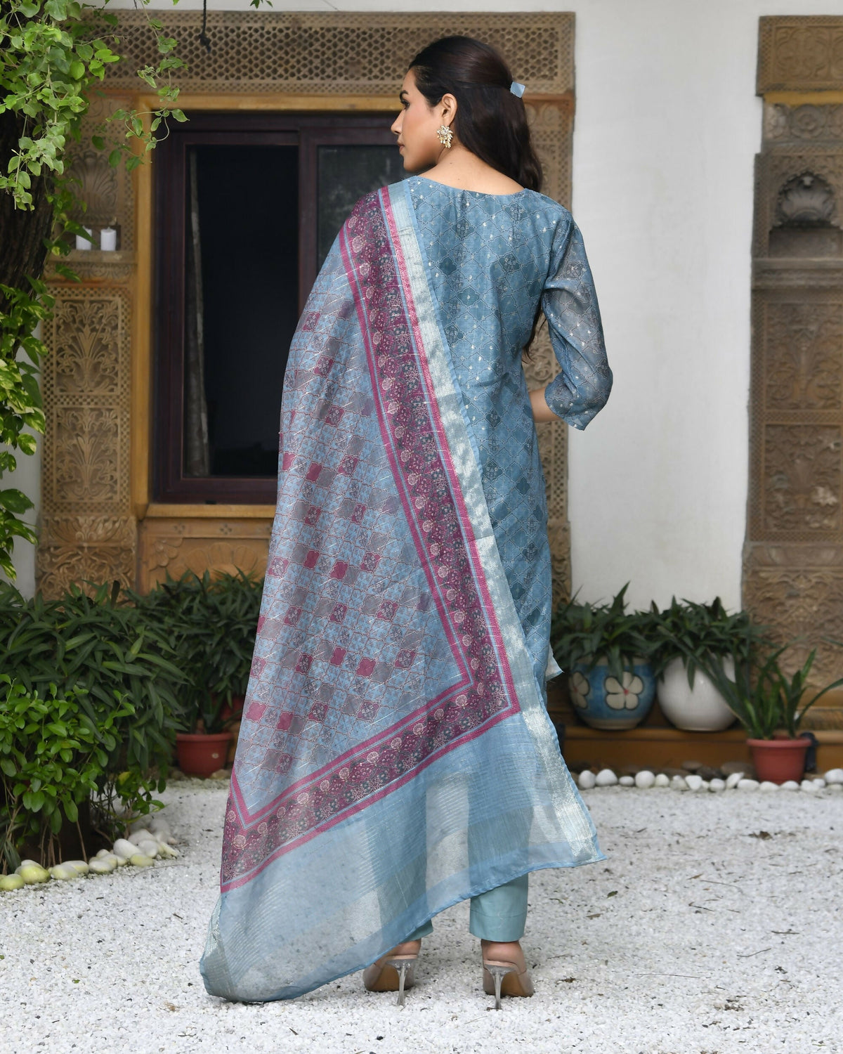 Vaasva Women's Chanderi Printed Suit Set With Pant And Printed Dupatta | Grocsy