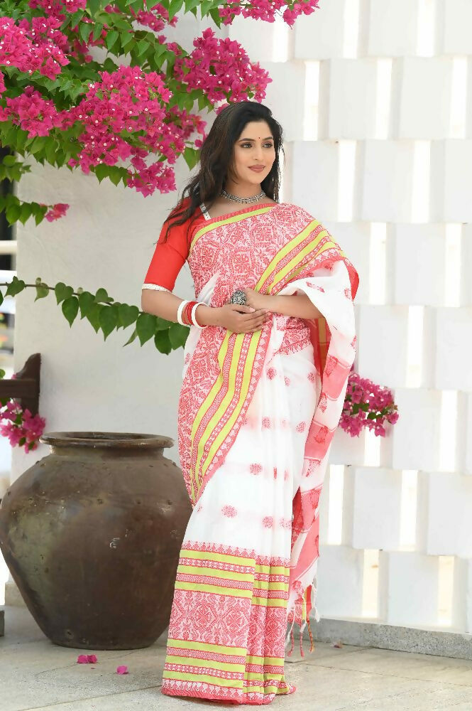 Beatitude White Cotton Handloom Jamdani Saree | Grocsy