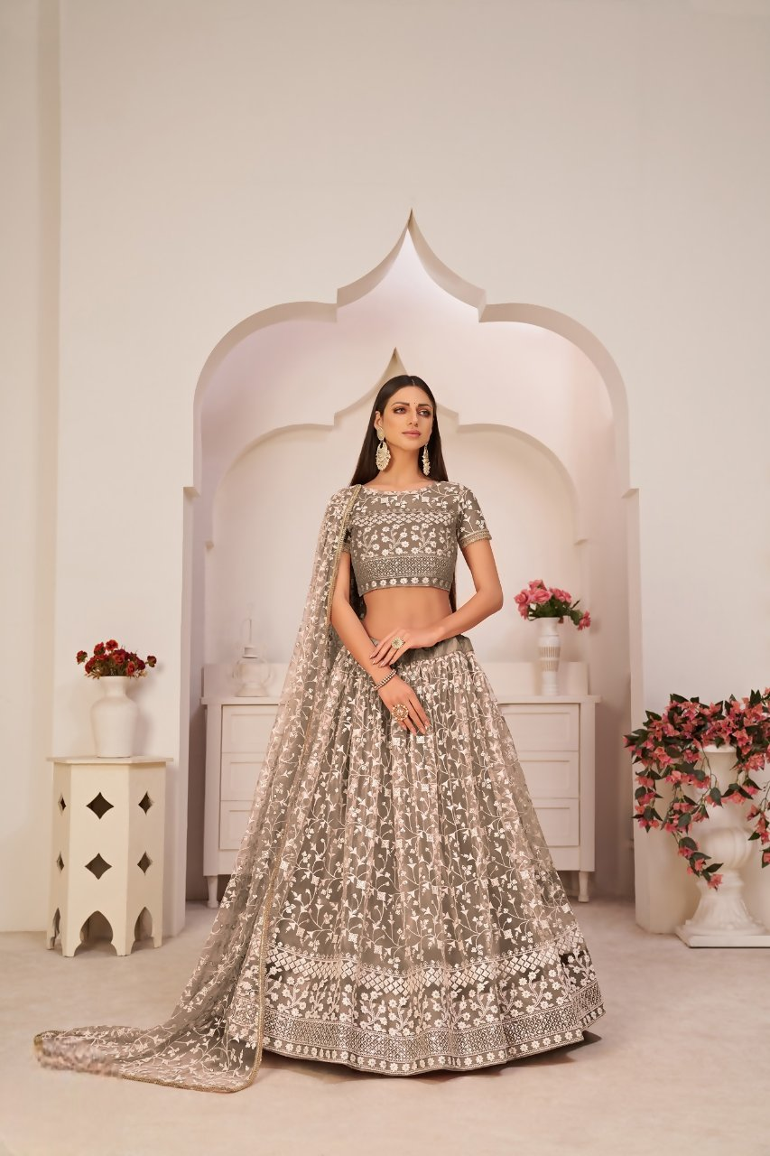 Eilara Chocolate Brown Net White Thread Zari Sequence Embroidered Work Lehenga Choli | Grocsy