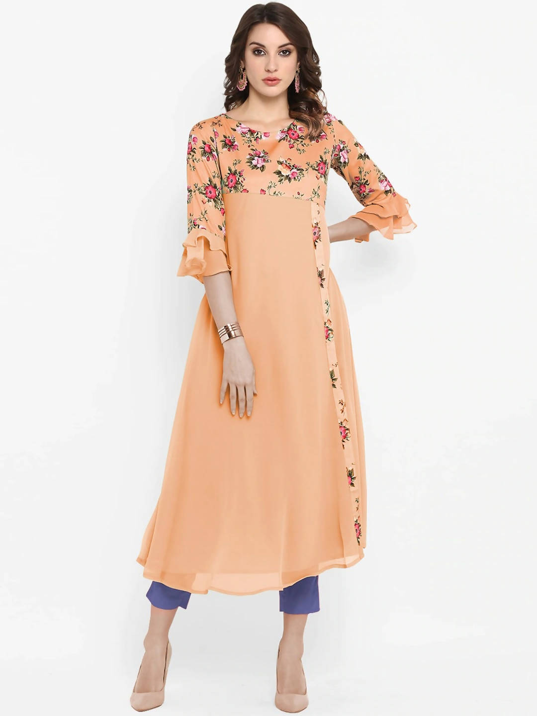 Janasya Women Peach-Coloured & Green Floral Printed Bell Sleeves Kurta | Grocsy