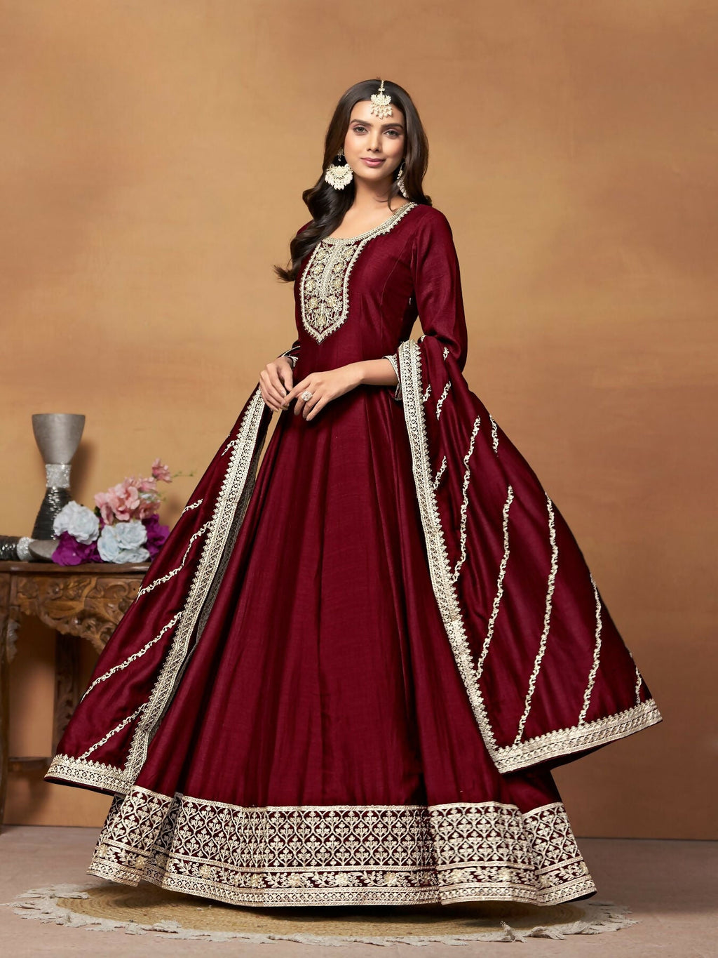 Anaita Maroon Embroidered Art Silk Anarkali Suit | Grocsy