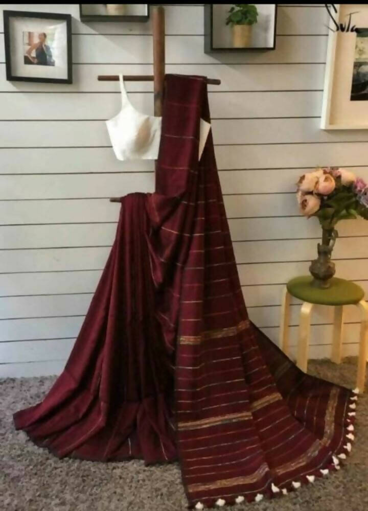 Exclusive Collection Khadi Cotton Handloom Khesh Saree With Blouse Piece - Maroon | Grocsy