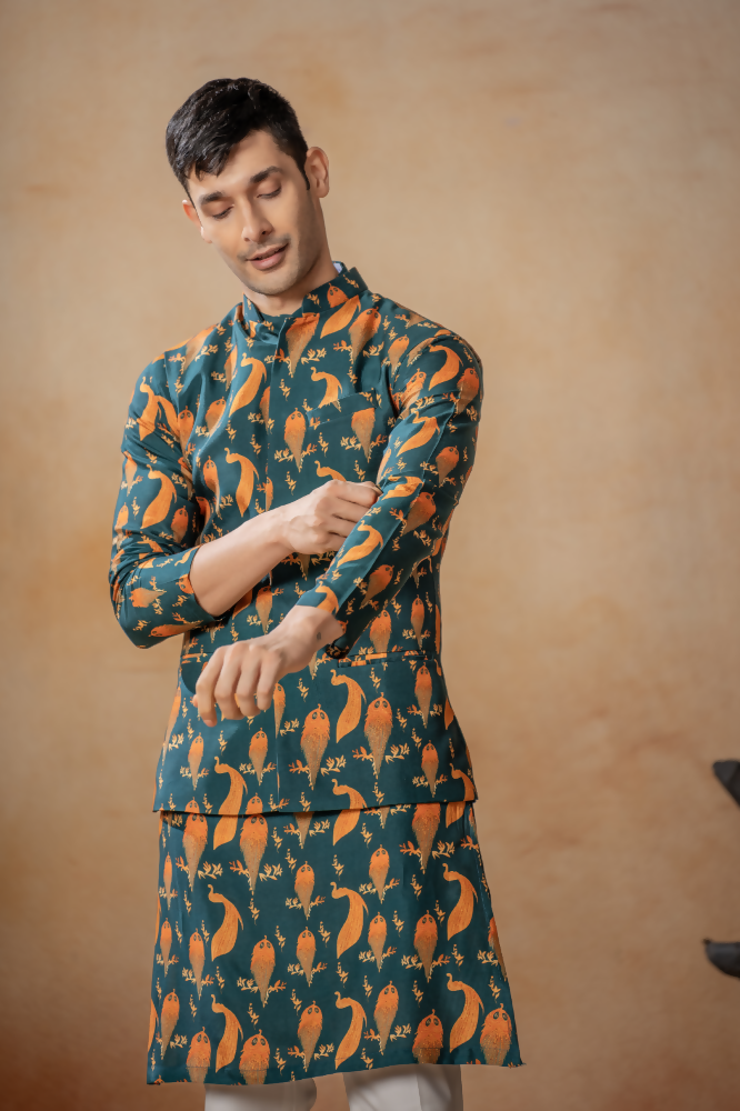 Peacock Oasis Nehru Jacket Set With Orange Hues by Hilo Design | Grocsy