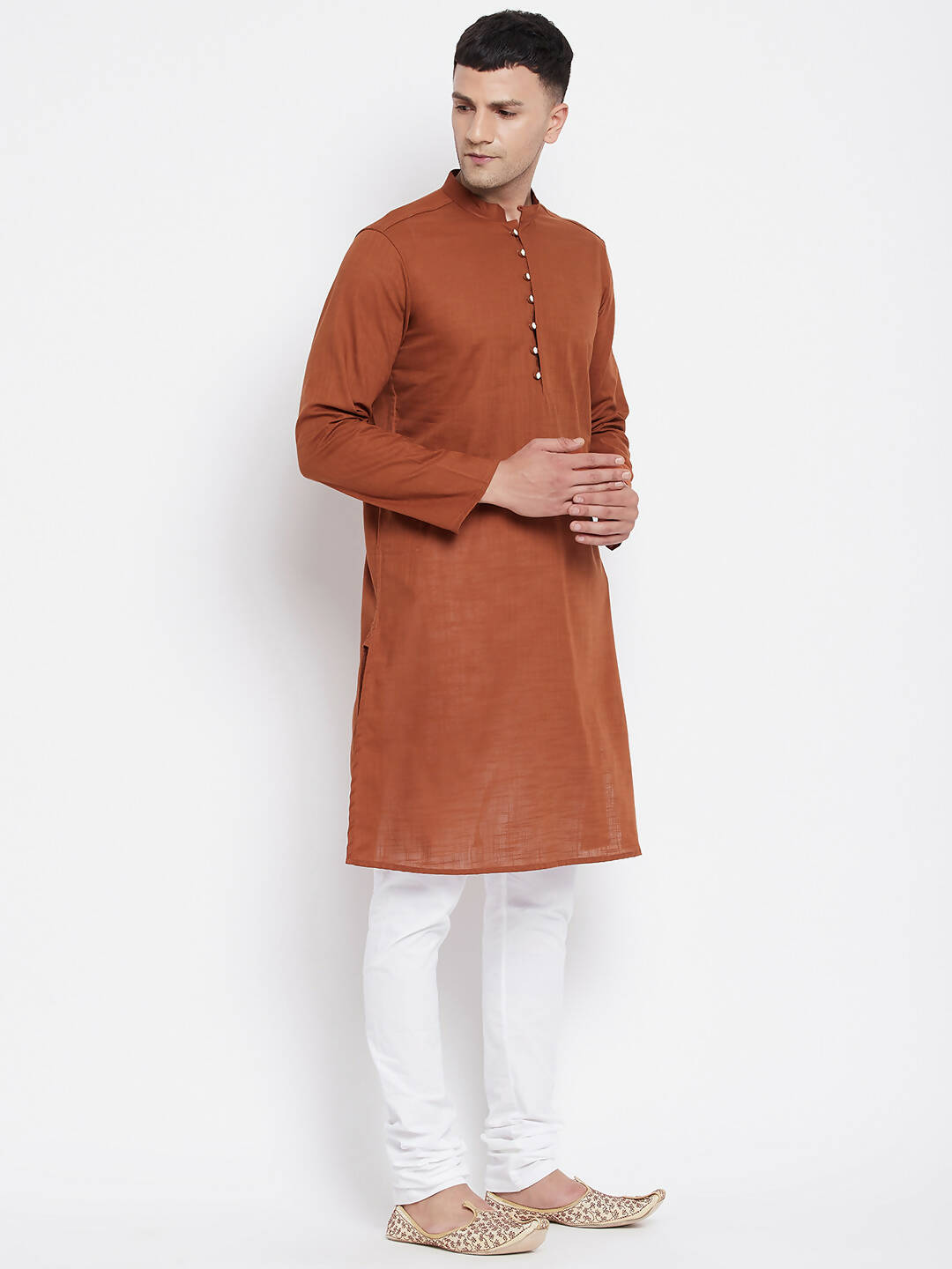 Even Apparels Brown Color Pure Cotton Men's Kurta With Band Collar | Grocsy