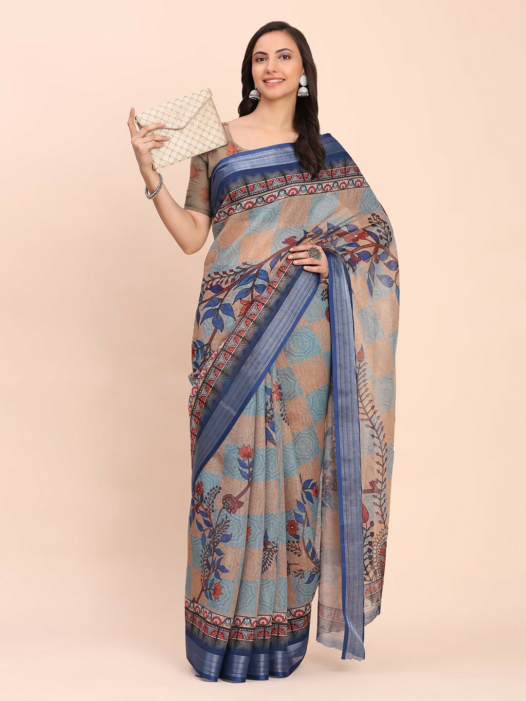 Shree Shyam Fashion Linen Cotton Cream Saree | Grocsy