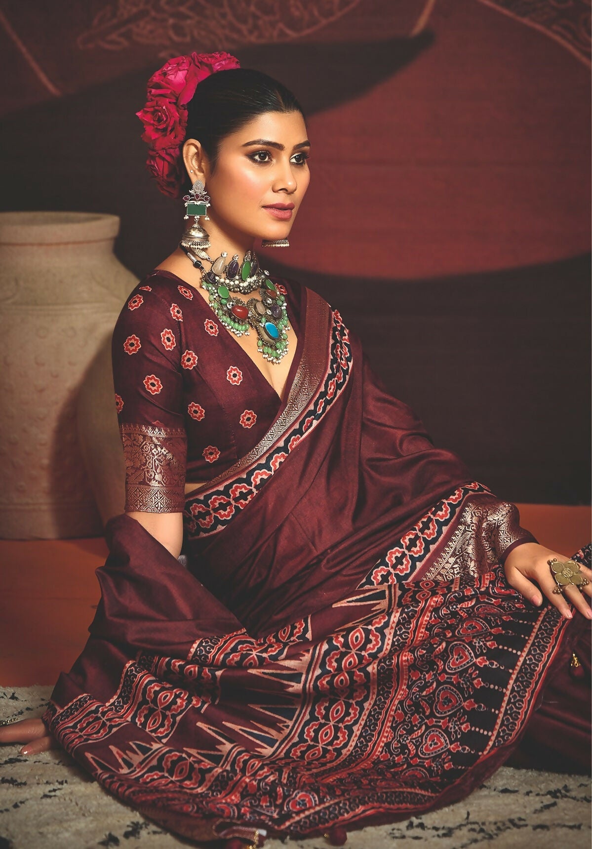 Joban Fashion Maroon Art Silk With Fine Viscose Border Ajrak Full Body Print With Soft Finish Saree | Grocsy