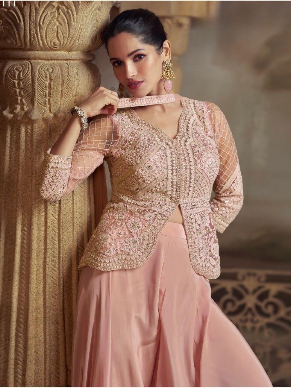 Anaita Baby Pink Georgette Readymade Suit with Embroidery Work | Grocsy