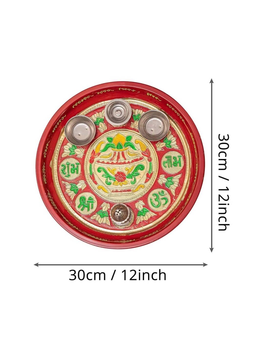 Tied Ribbons Red Printed Pooja Thali With Attached Incense Diya Tilak Holder | Grocsy