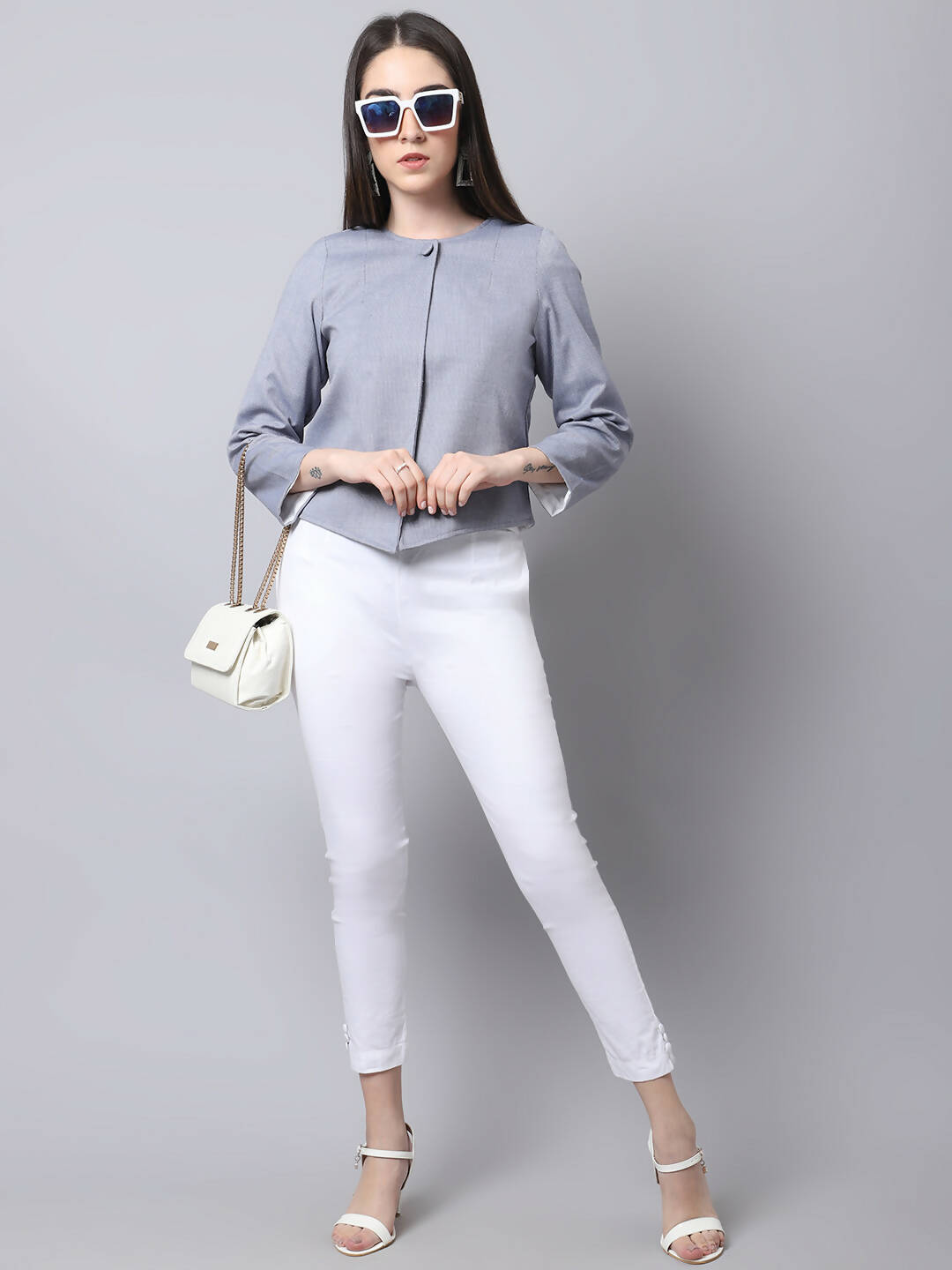 Even Apparels Grey Polywool Open Front Statement Women's Jacket (BF740) | Grocsy