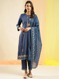 Blue Chinon Embroidered Straight Kurta with Trouser & Dupatta - Salimar | Grocsy