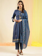 Blue Chinon Embroidered Straight Kurta with Trouser & Dupatta - Salimar | Grocsy