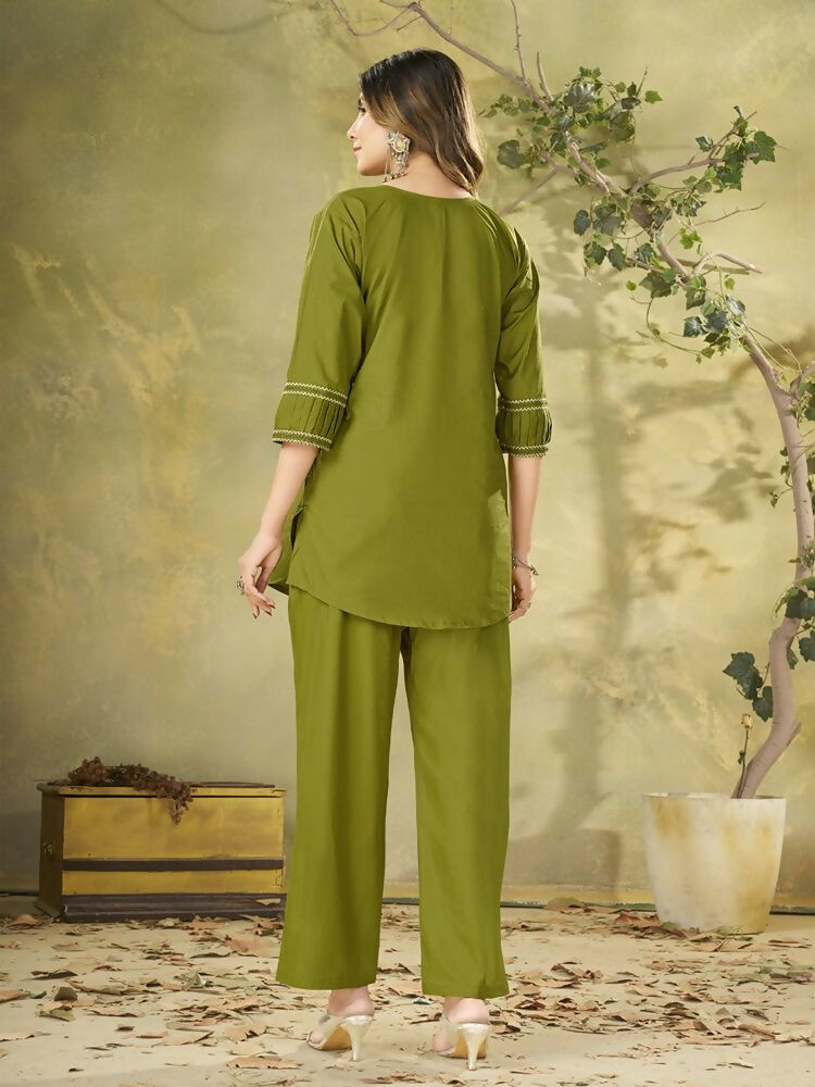 Teeya Creation Olive Green Embroidered Cotton Co-ord Set for Women | Grocsy