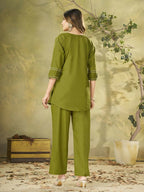 Teeya Creation Olive Green Embroidered Cotton Co-ord Set for Women | Grocsy